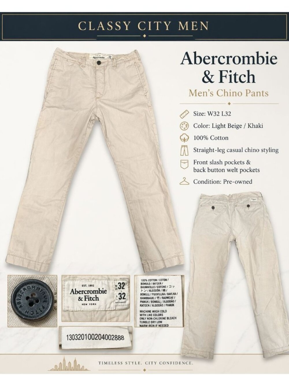 Abercrombie Fitch Mens 32X32 Beige Chino Pants Straight Leg Casual Classic Khaki - Picture 14 of 14